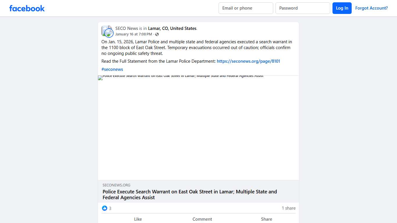 Pueblo Crime, Theft Reports, and Public Information. On Jan. 15, 2026, Lamar Police and multiple state and federal agencies executed a search warrant in the 1100 block of East Oak Street Facebook
