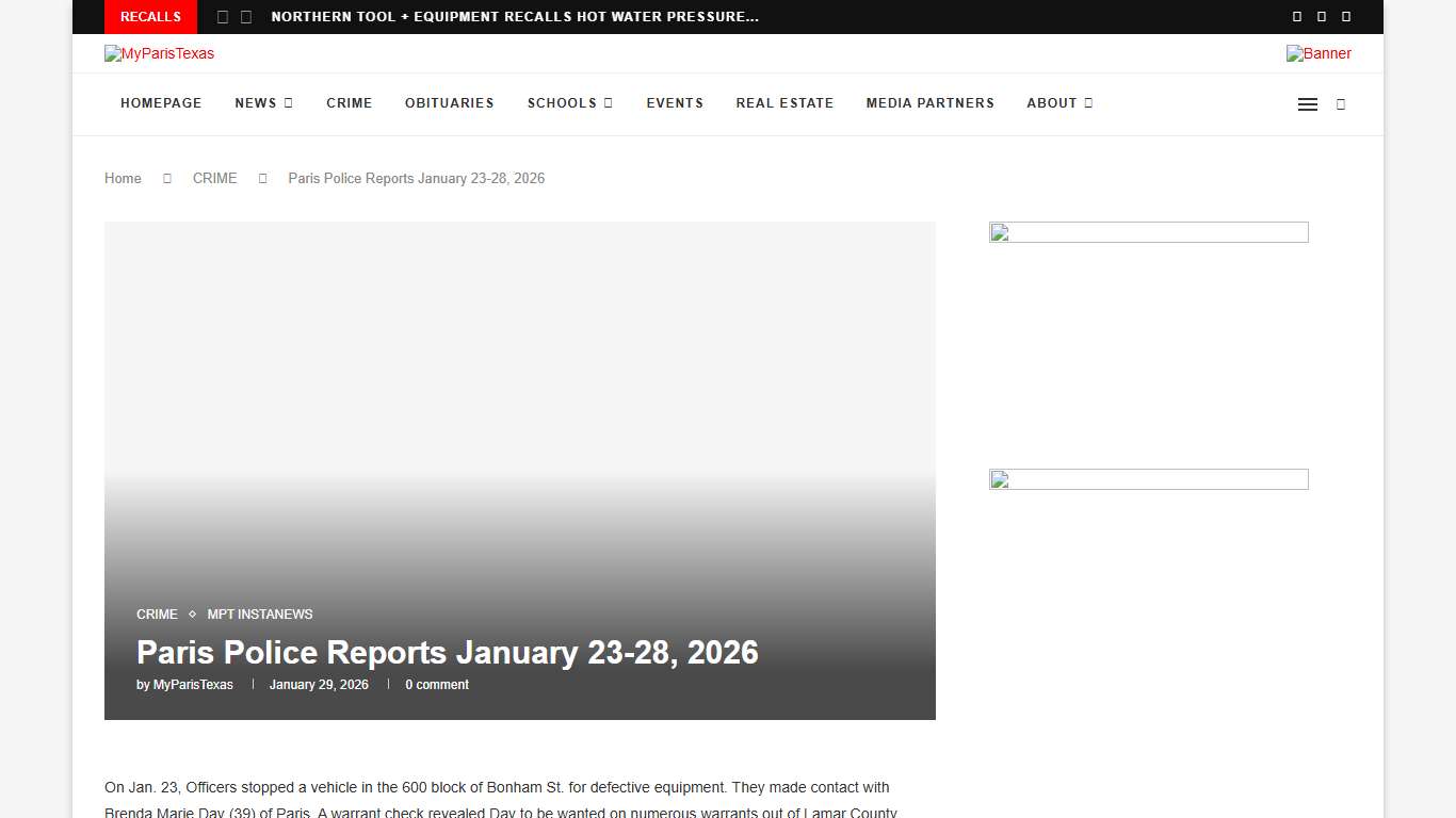 Paris Police Reports January 23-28, 2026 - MyParisTexas