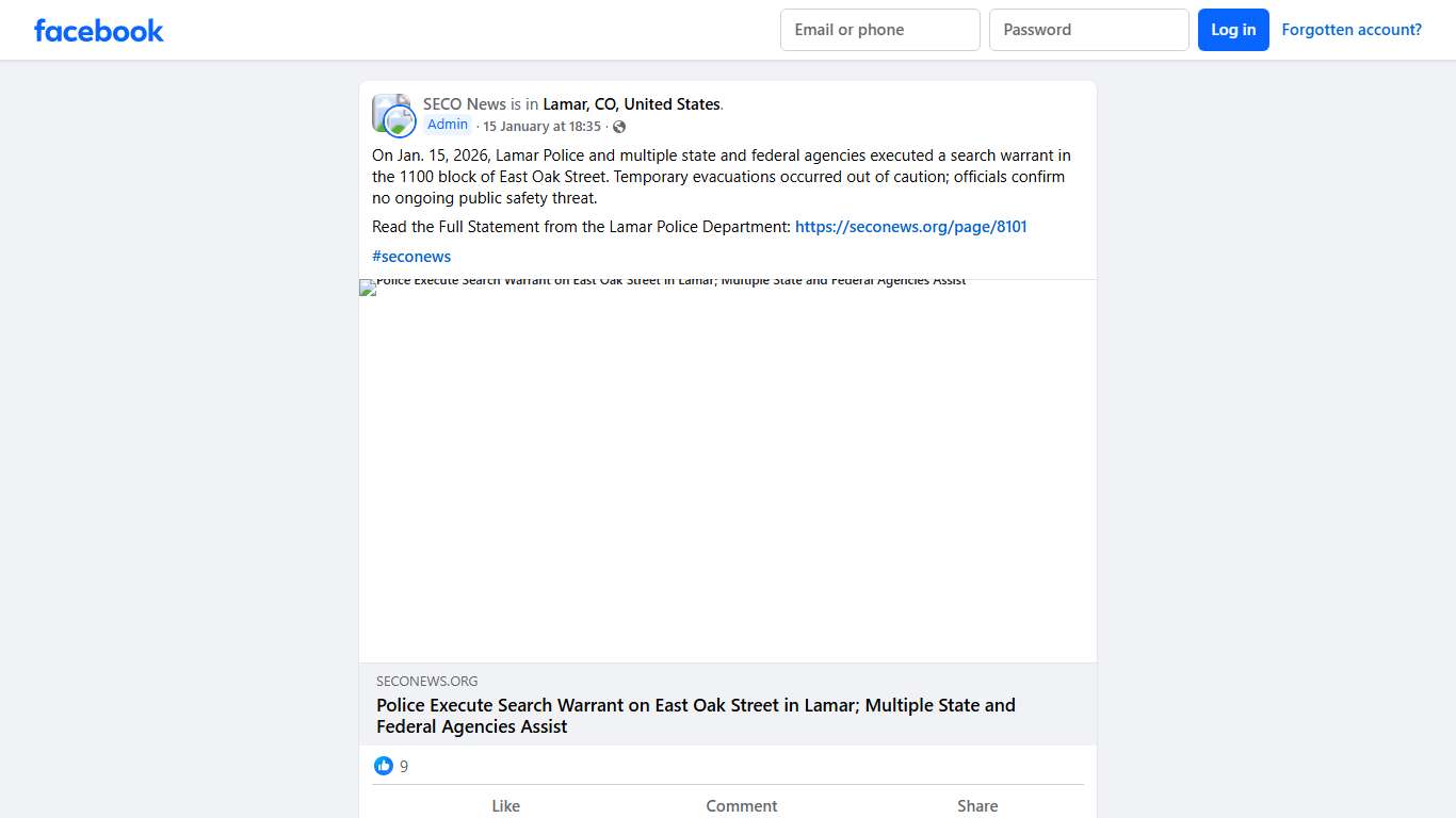 Lower Arkansas Valley Crime and Safety On Jan. 15, 2026, Lamar Police and multiple state and federal agencies executed a search warrant in the 1100 block of East Oak Street Facebook